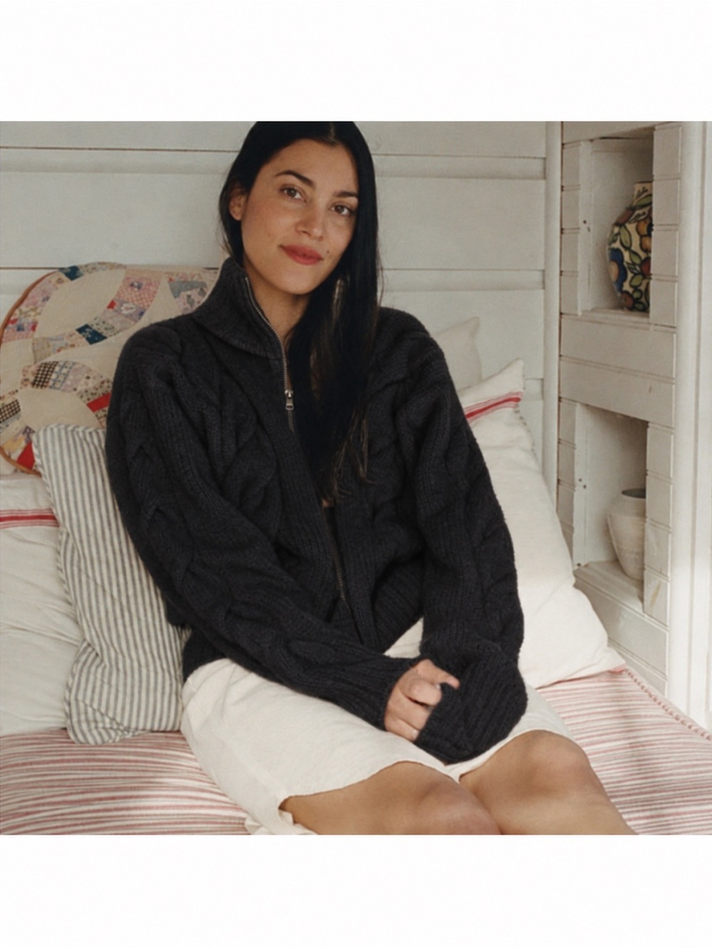 Ozma of California “Finley” Baby Alpaca Zip-Up Cable Knit | Black | S